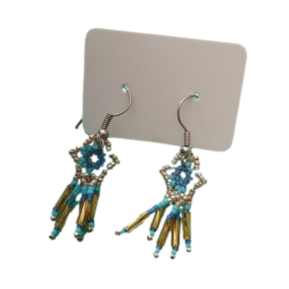 Navajo Elder Handmade Beaded Silver Gold Flower Dream Catcher Earrings